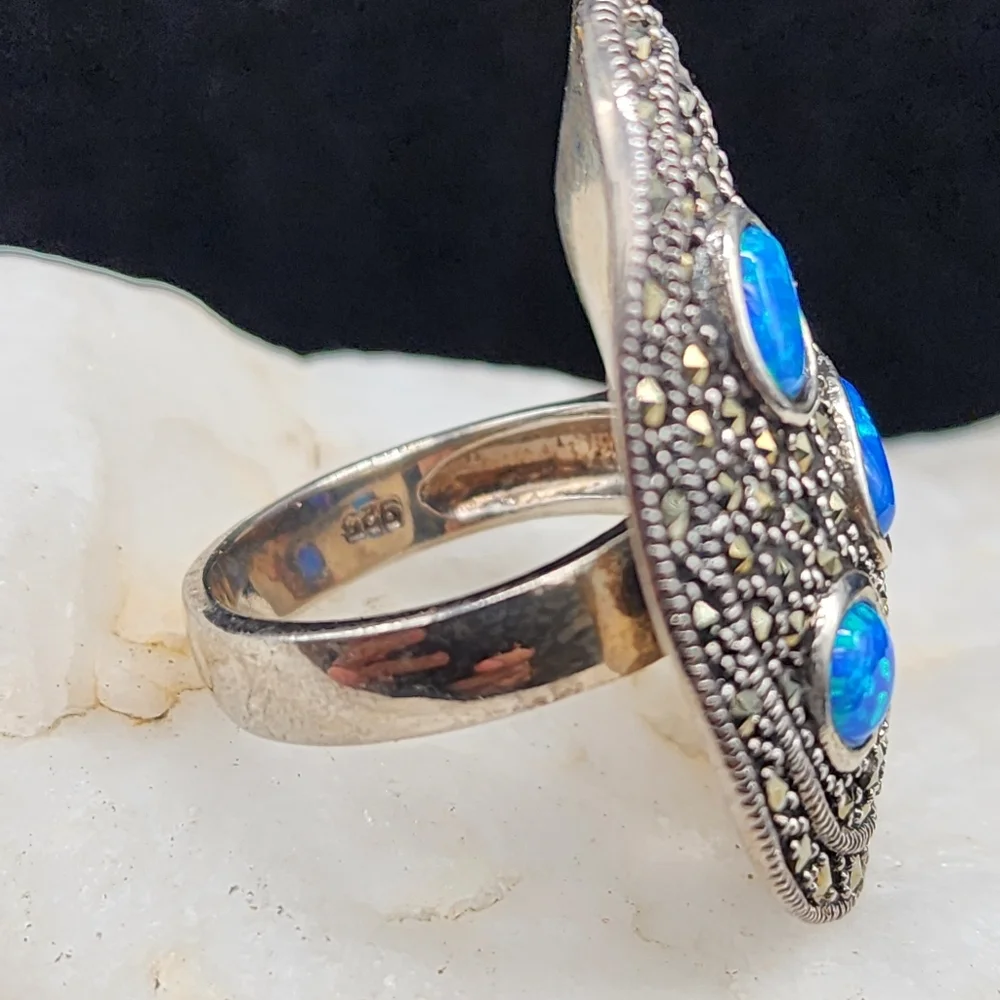 Silver Ring 925 Designer Ring Nlue Opal Stones Swiss Marcasite Mineral Crystals